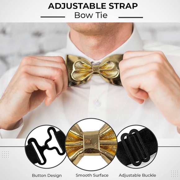 Black faux Leather Adjustable Pre-Tied Bow Tie - Picture 4 of 4